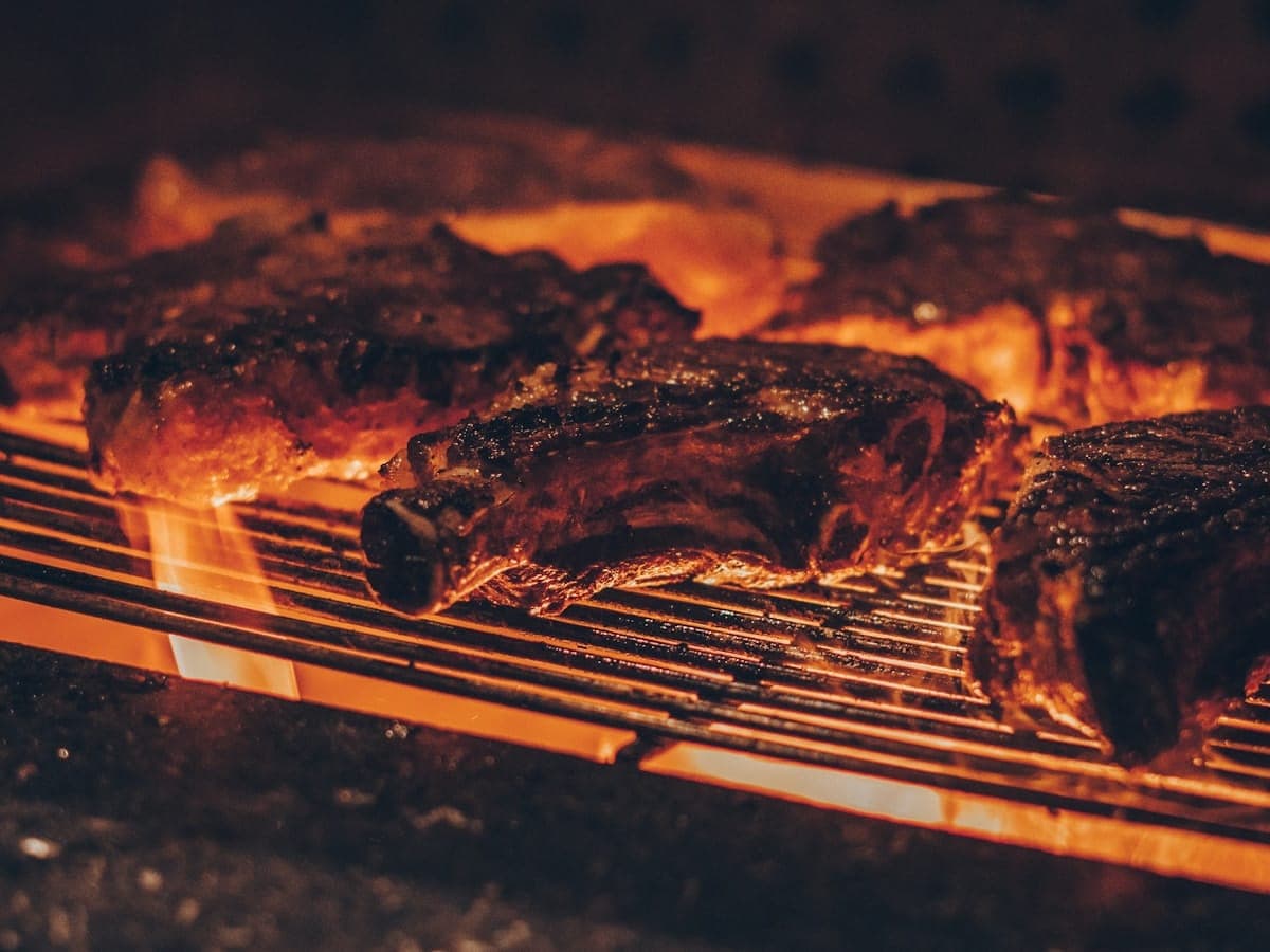Meat searing over live coals on a barbecue grate